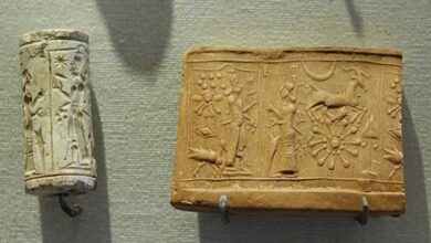 Cult scene: the worship of the sun-god, Shamash. Limestone cylinder-seal, Mesopotamia.