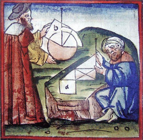 Manuscrit du XVe siècle montrant des penseurs occidentaux et arabes pratiquant la géométrie. (Domaine public)
