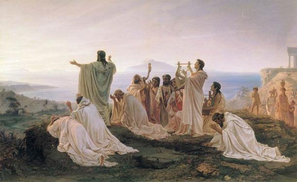 Pythagoriciens célébrant le lever du soleil, dans un tableau de 1869 de Fyodor Bronnikov. (Domaine public)