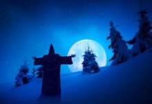Depiction of a Christmas ghost standing under the moonlight in the snow. Source: Bashkatov / Adobe Stock