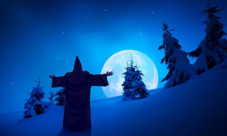 Depiction of a Christmas ghost standing under the moonlight in the snow. Source: Bashkatov / Adobe Stock