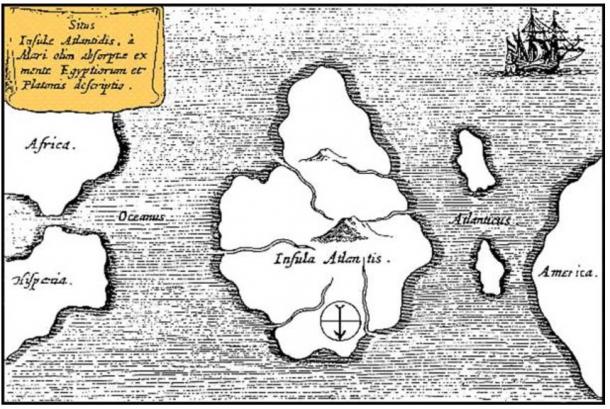 La carte de l'Atlantide d'Athanasius Kircher, la plaçant au milieu de l'océan Atlantique. Tiré de Mundus Subterraneus 1669, publié à Amsterdam. La carte est orientée avec le sud en haut.
