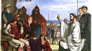 St Augustine of Canterbury preaches to Aethelberht of Kent during Christianization of Anglo-Saxon England 	Photo source: James William Edmund Doyle / Public domain