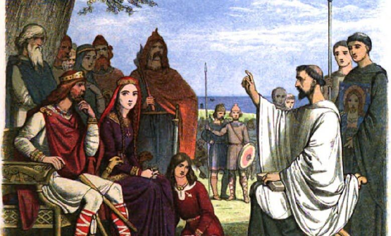 St Augustine of Canterbury preaches to Aethelberht of Kent during Christianization of Anglo-Saxon England 	Photo source: James William Edmund Doyle / Public domain