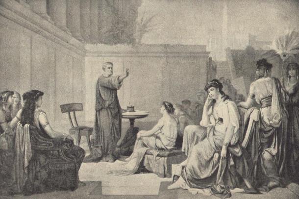 Illustration représentant Pythagore enseignant aux femmes.