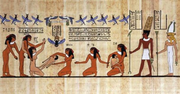 Représentation en papyrus d'une femme qui accouche, aidée par d'autres femmes et les dieux. (Africain progressiste)