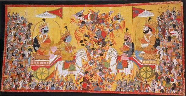 Le tableau dépeint la bataille de Kurukshetra de l'épopée du Mahabharata.