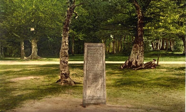 The Rufus Stone in the New Forest, England, from sometime between 1890 and 1900. (Public Domain)