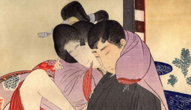 Un homme avec une coupe de cheveux à l'occidentale fait l'amour à une femme en robe traditionnelle japonaise dans cette estampe shun-ga de la période Meiji. (Scientifique des matériaux / Domaine public)
