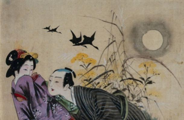 Un homme séduisant une femme sous une lune d'automne. Shun-ga dans le style de la période Meiji. (Fæ / Domaine public)