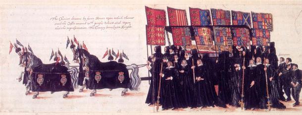 Funérailles d'Elizabeth I d'Angleterre. Le cercueil de la reine est accompagné par des personnes en deuil portant les bannières héraldiques des armoiries de ses ancêtres rassemblées (côte à côte) avec les armes de leurs épouses.
