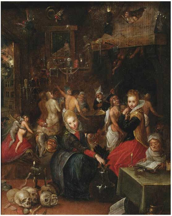Différents types de sorcières représentés dans le livre de Frans Francken The Younger (Belgain), Witches' Sabbath, 1606, Victoria and Albert Museum, Londres.
