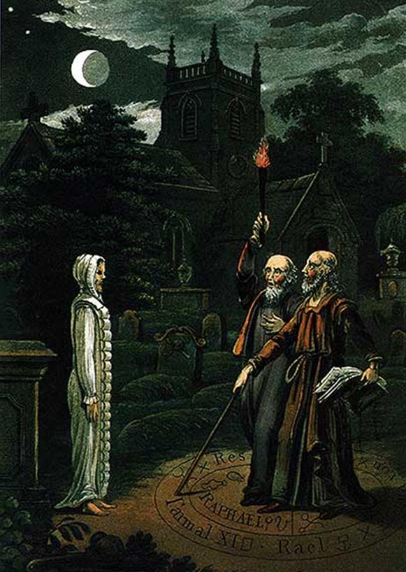 Nécromancie : L'art de conjurer les morts et de communiquer avec eux, image de John Dee et Edward Kelley. D'après Astrologie (1806) d'Ebenezer Sibly. 