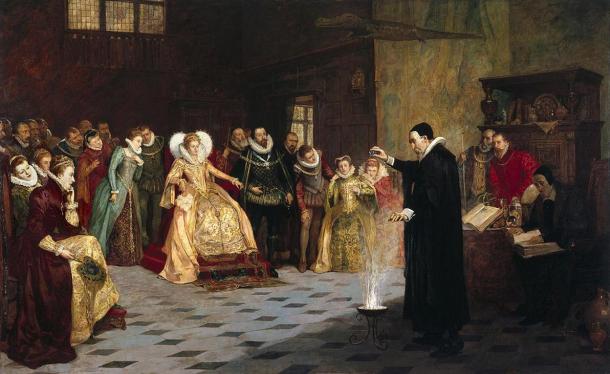 John Dee réalisant une expérience devant la reine Elizabeth I. Peinture à l'huile de Henry Gillard Glindoni. 1913