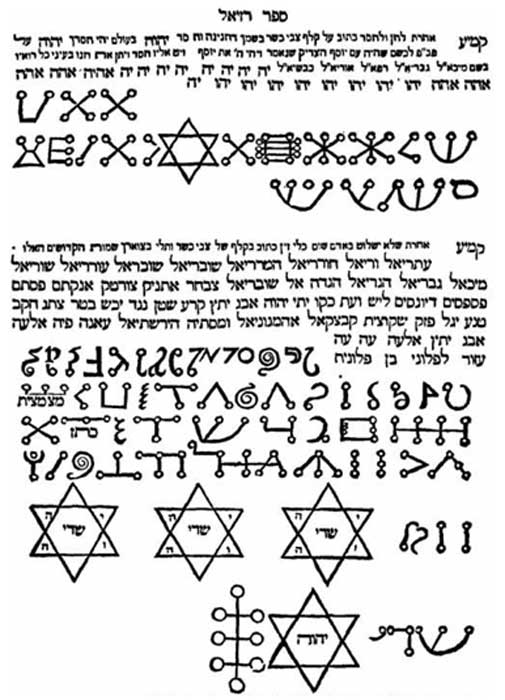 Un extrait du Sefer Raziel HaMalakh, avec divers signes magiques (ou סגולות, seguloth, en hébreu).