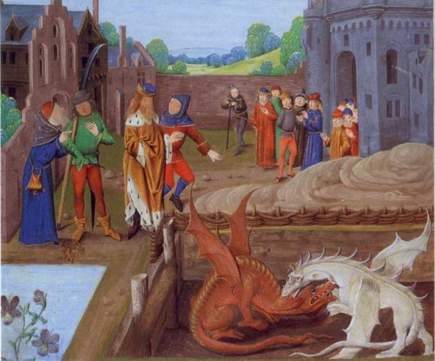 Illumination d'un manuscrit du XVe siècle de l'Historia Regum Britanniae montrant le roi des Britanniques Vortigern et Ambros menant le combat entre deux dragons