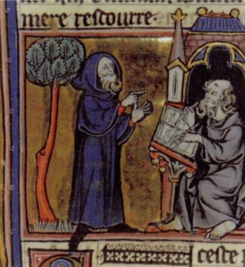 Merlin récitant son poème dans une illustration du XIIIe siècle pour 