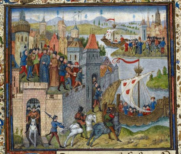 Détail d'une miniature de l'arrivée du Duc Rollo en Normandie, avec la ville de Rouen à gauche. (Domaine public)