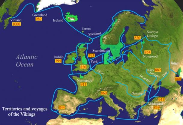 Voyages importants des Vikings européens (Bogdangiusca / CC BY-SA 3.0)