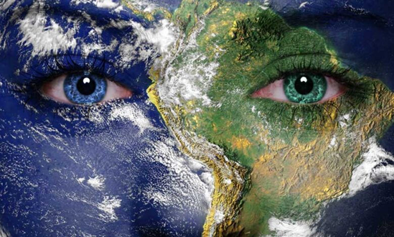 Earth painted on face. Elements of this image furnished by NASA. Gaia reminds us of our connection with the living Earth.
