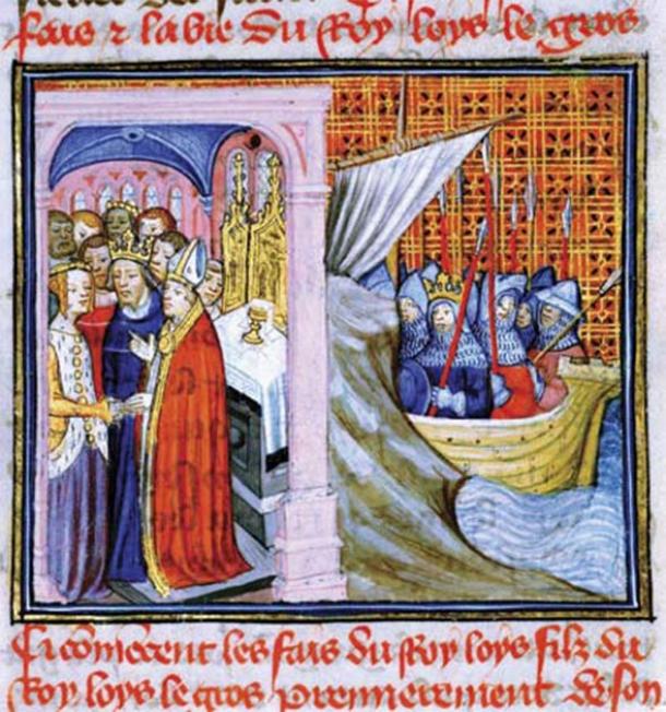 Représentation du mariage de Louis et d'Aliénor au XIVe siècle à gauche, et du départ de Louis pour la croisade à droite. ( Domaine public )