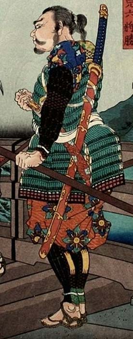 Une gravure sur bois japonaise de Hiyoshimaru qui rencontre Hachisuka Koroku sur le pont de Yahabi. Recadré et édité pour montrer le ōdachi accroché sur son dos.