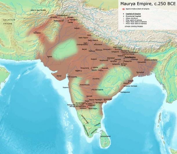 L'empire tentaculaire de Maurya, vers 250 avant J.-C. Avantiputra7/Wikimedia Commons, CC BY-SA