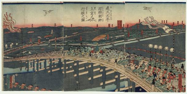 La procession du Shogun Minamoto no Yoritomo à Kyoto lors de la fondation du shogunat de Kamakura -- gravure sur bois d'Utagawa Sadahide, vers 1860. (Domaine public)