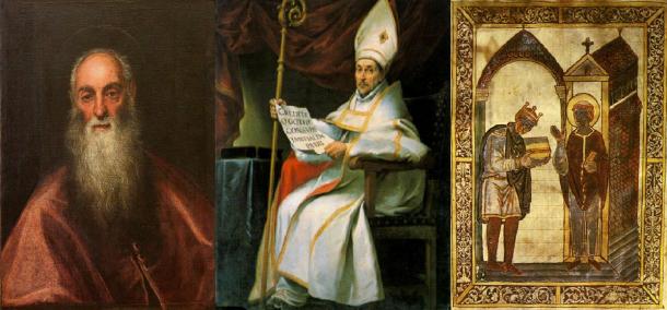 Trois écrivains chrétiens : Saint Jérôme (à gauche), Saint Isidore de Séville (au milieu) et Saint Bède