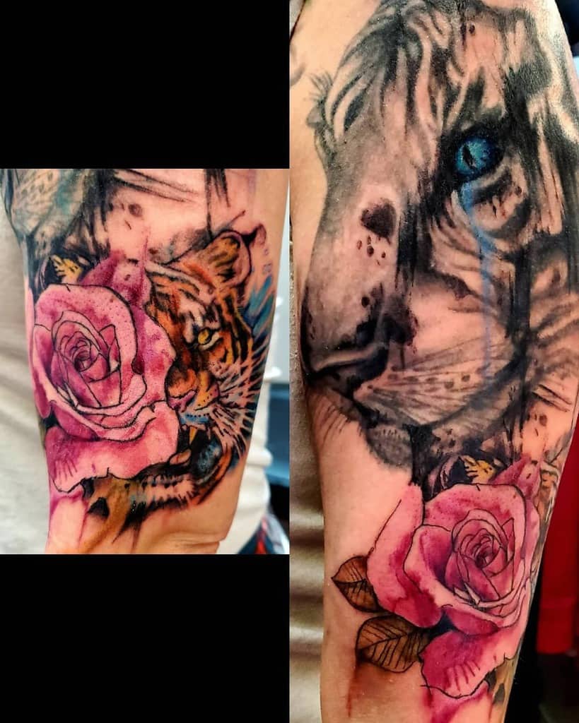 tatouages de roses tigrées colorées cbroukztat