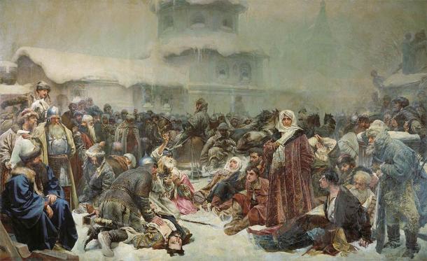Marthe la Maire lors de la destruction du Novgorod (Klavdiy Lebedev / Domaine public)