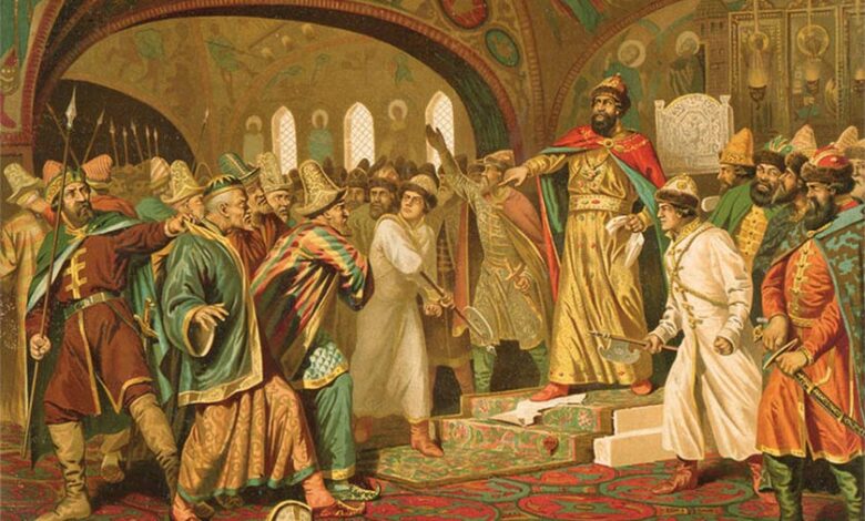 Ivan the Great tearing the khan's letter to pieces.      Source: Aleksey D. Kivshenko / Public domain