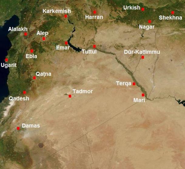 Carte de la Syrie au deuxième millénaire avant J.-C., montrant l'emplacement de Karkemish
