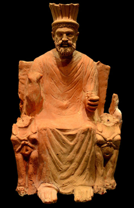 Baal Hammon, roi du panthéon punique, sur son trône avec une couronne et flanqué de sphinx. (Dyolf77 / CC BY-SA 4.0)