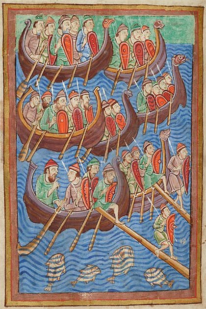 Représentation du XIIe siècle des Vikings envahisseurs de la vie et des miracles de Saint-Edmond. (Domaine public)