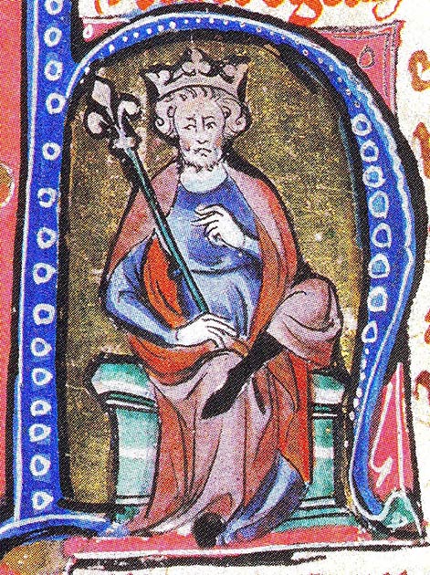 Cnut le Grand, fils de Sweyn, illustré dans l'initiale d'un manuscrit médiéval (domaine public)