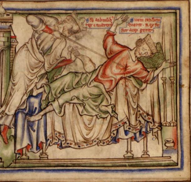 Sweyn Forkbeard, le plus court roi régnant d'Angleterre, est tué par le roi Edmond le Saint. Illustration de La vie du roi Édouard le Confesseur dans un manuscrit datant d'environ 1250. (Domaine public)