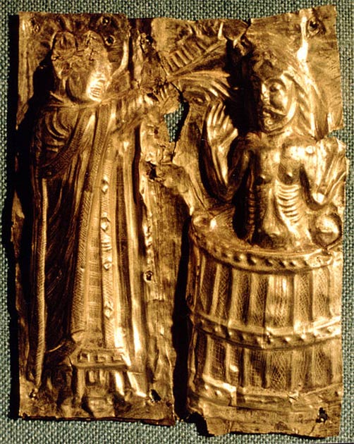Le baptême de Harald Bluetooth. Détail des fonds baptismaux vers 1100 à Tamdrup Kirke, Danemark. (Sven Rosborn / CC BY-SA)