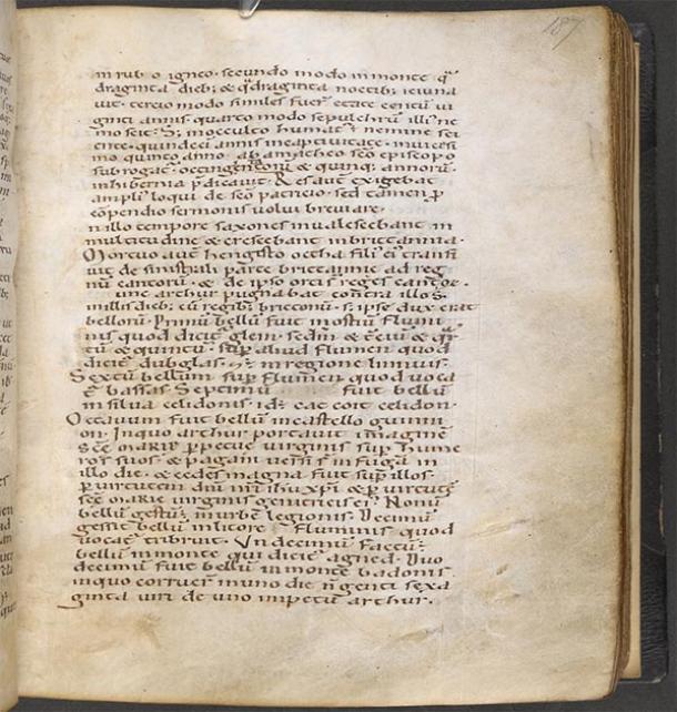 Page numérisée d'Historia Brittonum, 12e siècle, conservée par la Bibliothèque nationale de France (domaine public)