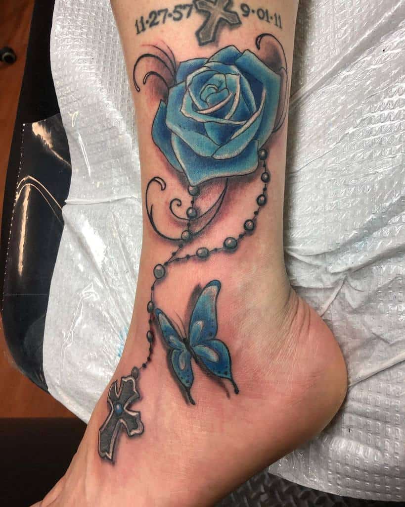 tatouages de cheville rose bleue studio69tattoo