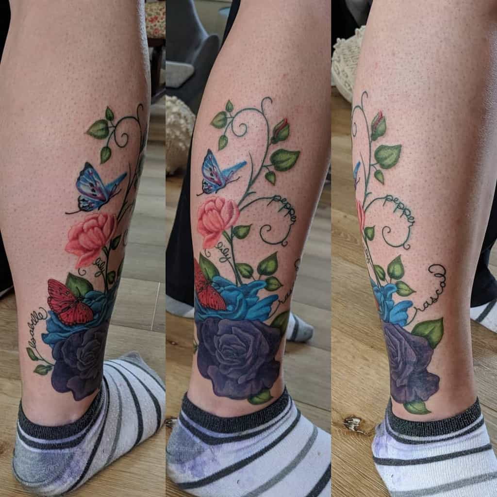 tatouages de vigne rose sur la jambe inkerbelletattoos