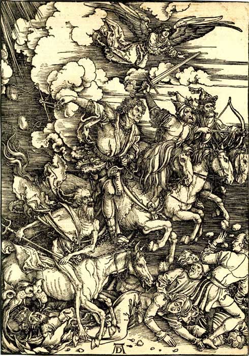 Gravure sur bois des Quatre Cavaliers de l'Apocalypse par Albrecht Dürer. (Cheval lourd / Domaine public)