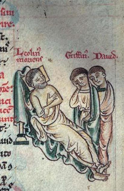Dessin manuscrit montrant Llywelyn le Grand avec ses fils, Gruffydd et Dafydd. (Lampman / Domaine public)