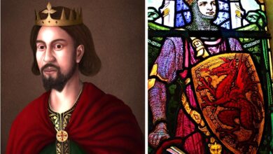 Left: Portrait of Llywelyn the Great (Hogyncymru / CC BY-SA 4.0). 	Right: Stain glass window depiction of Llywelyn the Great (Llywelyn2000 / CC BY-SA 4.0).