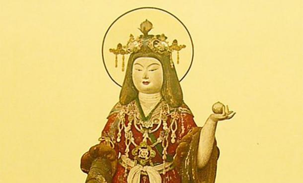 La déesse japonaise Kisshōten tenant le joyau qui exauce les souhaits (domaine public)