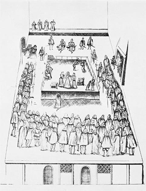 Illustration contemporaine de l'exécution de Marie Stuart, reine d'Écosse, tirée du livre de Robert Beale de 1587, The Order and Manner of the Execution of Mary Queen of Scots. (Domaine public)