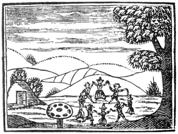 Gravure sur bois anglaise du XVIIe siècle montrant des fées dansant en cercle, avec une colline creuse, un champignon amanita muscaria et un 