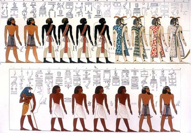 Race égyptienne représentée dans le Livre des Portes, représentant les Berbères, les Nubiens, les Asiatiques et les Égyptiens. Une représentation artistique, basée sur une peinture murale du tombeau de Séthi Ier.
