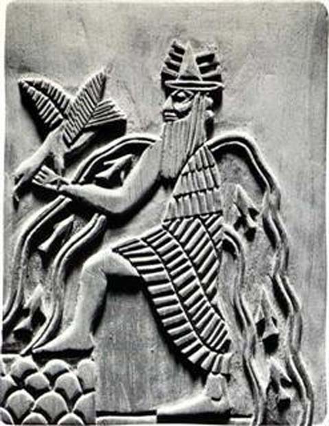 Image du dieu sumérien Enki. Reproduction moderne d'un détail du sceau de l'Adda