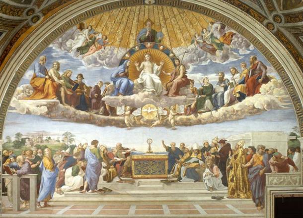 La Disputation du sacrement au musée du Vatican présente le ciel comme un royaume dans les cieux au-dessus de la terre. (Erzalibillas / Domaine public)